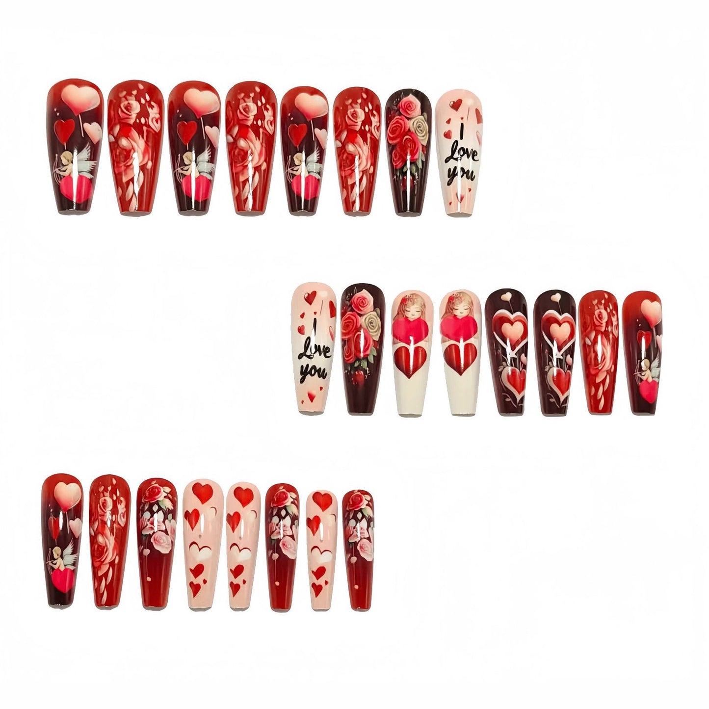 Artificial nails with loving heart and rose designs Acalora