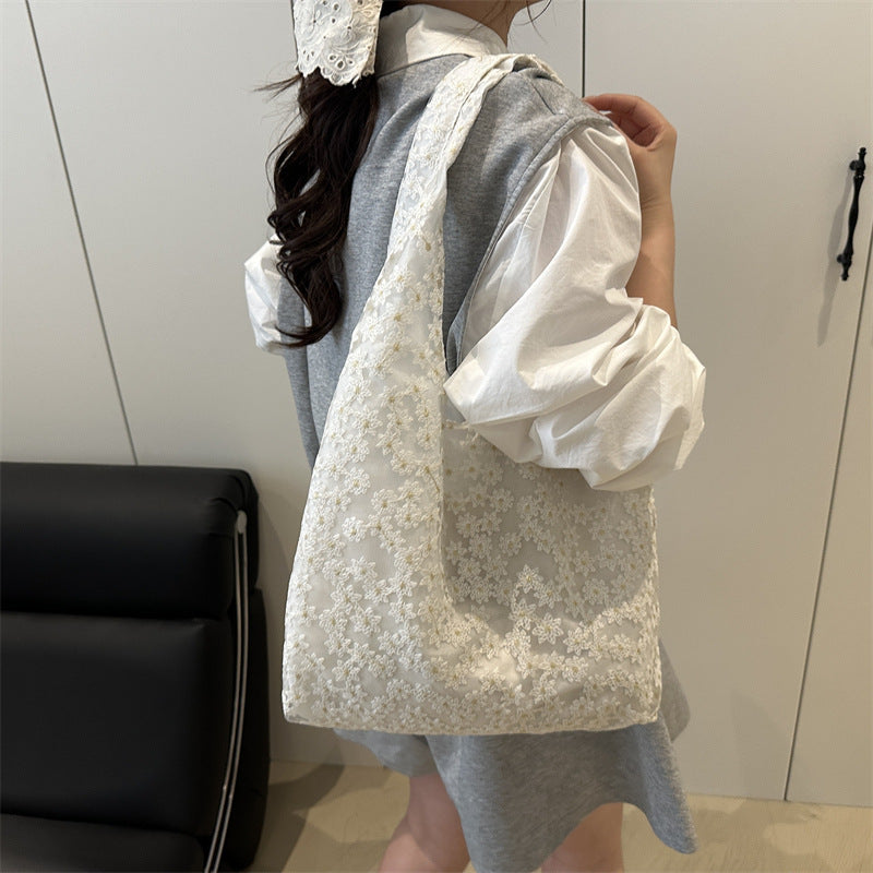 Elegant Floral Embroidered Grocery Tote Bag Acalora