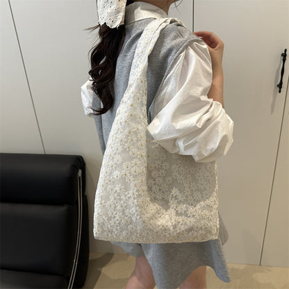 Elegant Floral Embroidered Grocery Tote Bag Acalora
