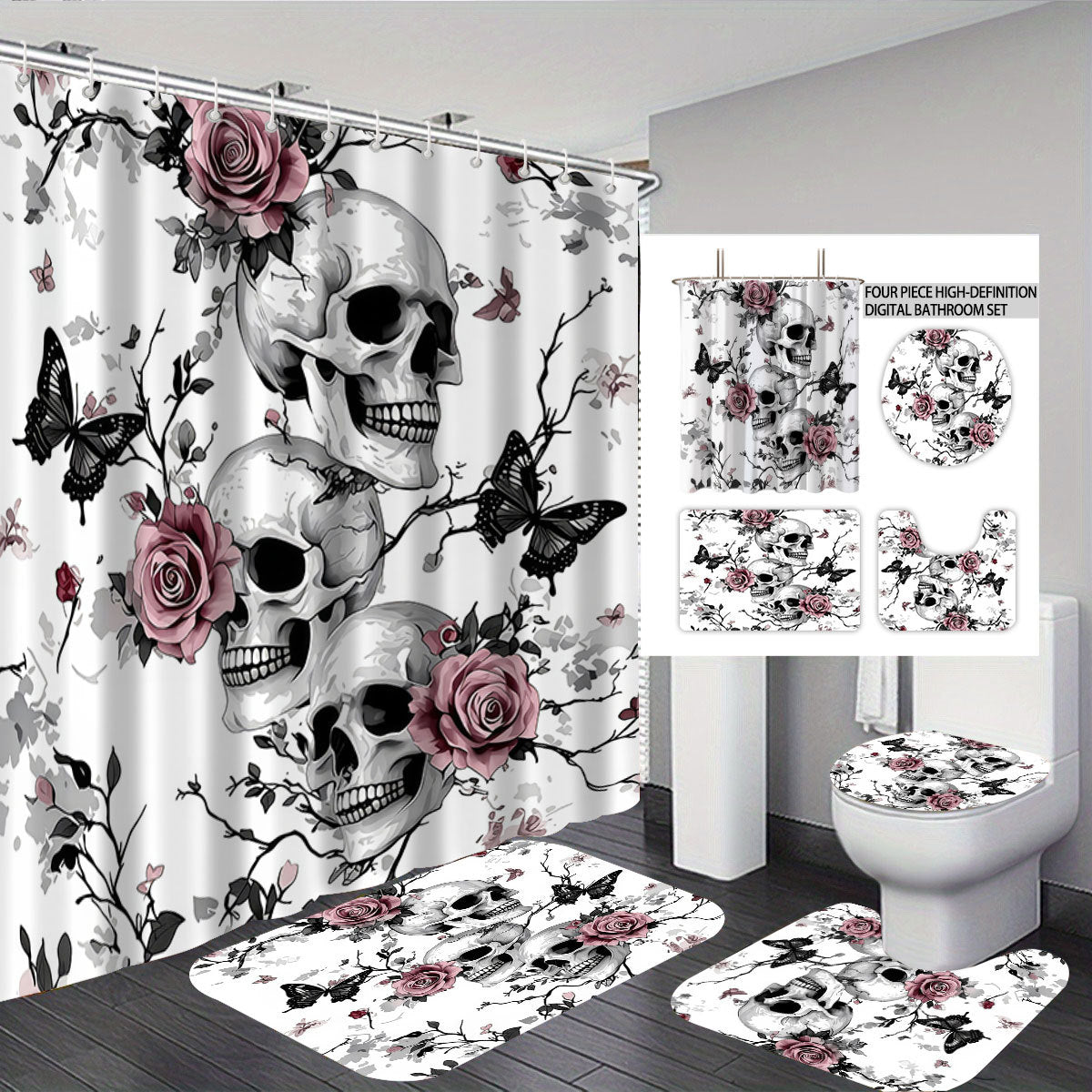 Artistic Skull and Floral Themed Bathroom Set