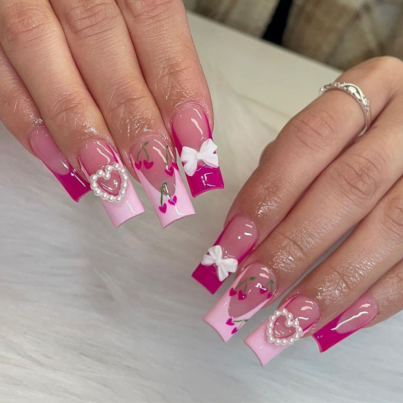 Decorative Press-On Nail Art Set with 3D Heart and Bow Accents Acalora