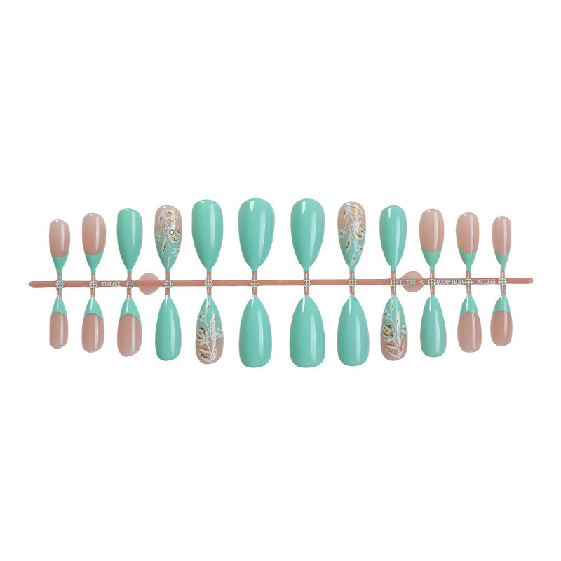 Artisan Press-On Nail Set with Elegant Leaf Patterns Acalora