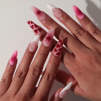 Artistic Press-On Nail Set with Gradient and Heart Patterns Acalora