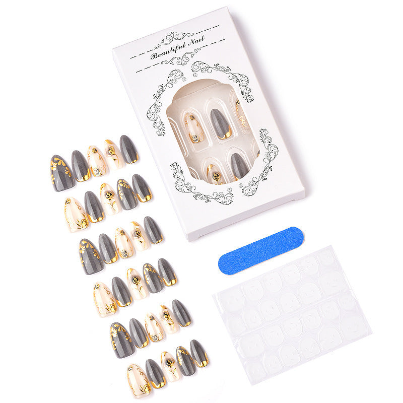 Artificial Nail Set with Elegant Rose Design and Gold Accents Acalora