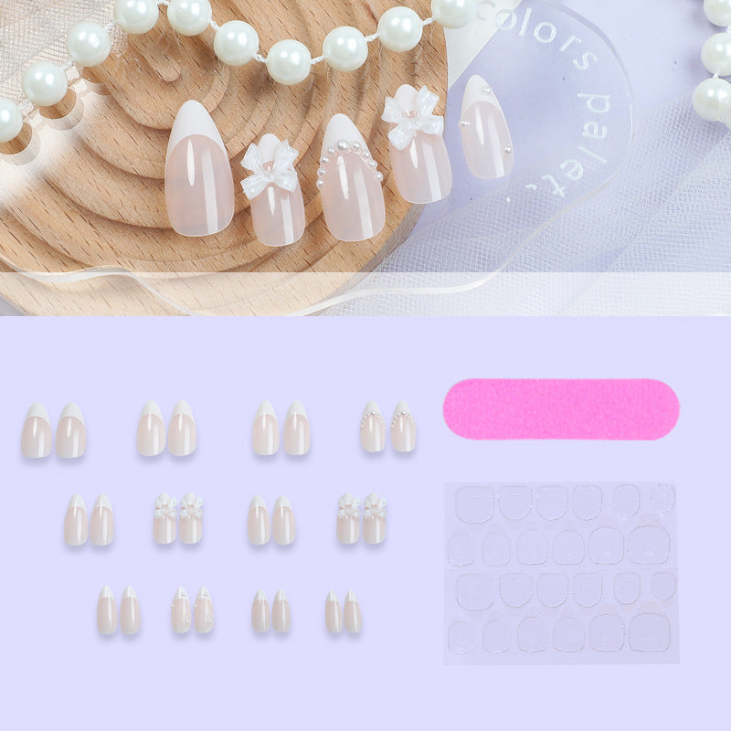 Decorative Press-On Nail Set with Floral and Pearl Embellishments Acalora