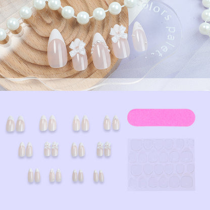 Decorative Press-On Nail Set with Floral and Pearl Embellishments Acalora