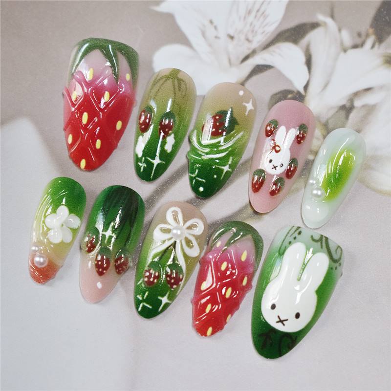 Playful Strawberry Design Press-On Nail Set Acalora