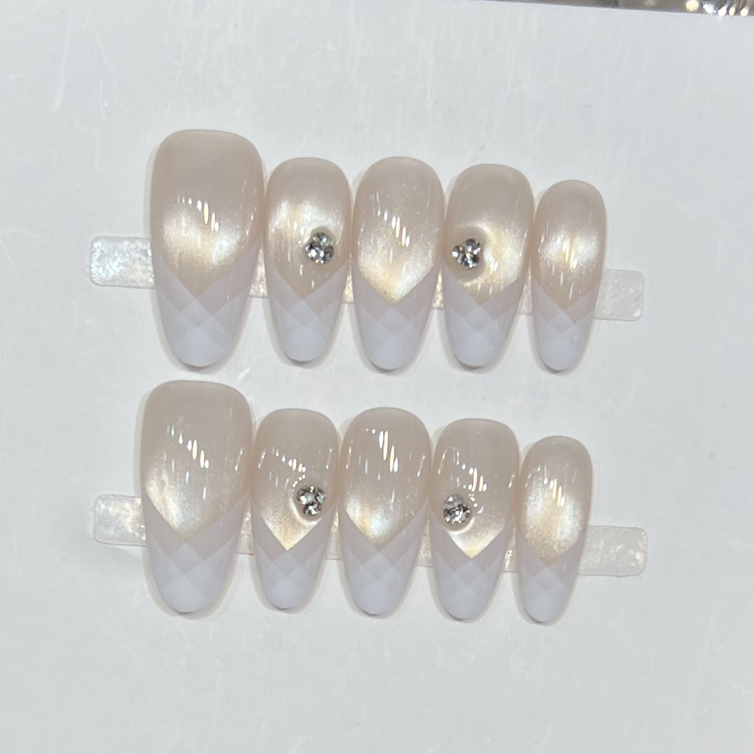 Elegant Geometric Press-On Nail Set with Rhinestone Detail Acalora