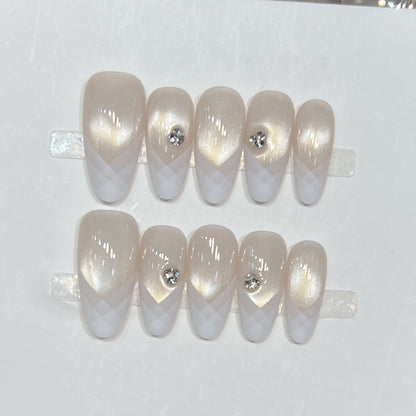 Elegant Geometric Press-On Nail Set with Rhinestone Detail Acalora
