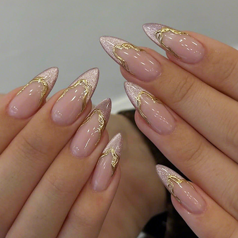 Elegant Press-On Nail Set with Gold Accent Design Acalora