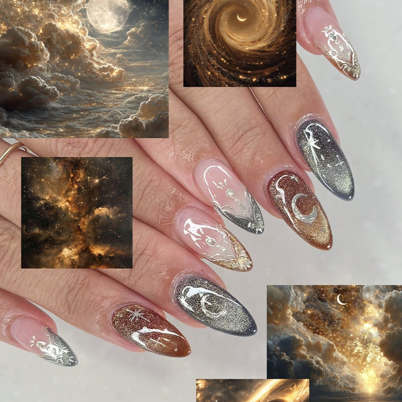 Decorative Press-On Nail Set with Unique Celestial Designs Acalora
