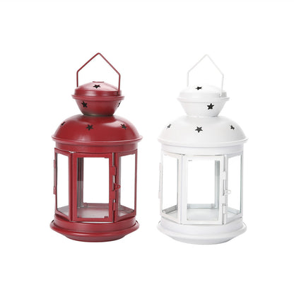 Vintage-Inspired Cylindrical Metal Tea Light Lantern with Star Vent Cutouts and Hinged Glass Door Acalora
