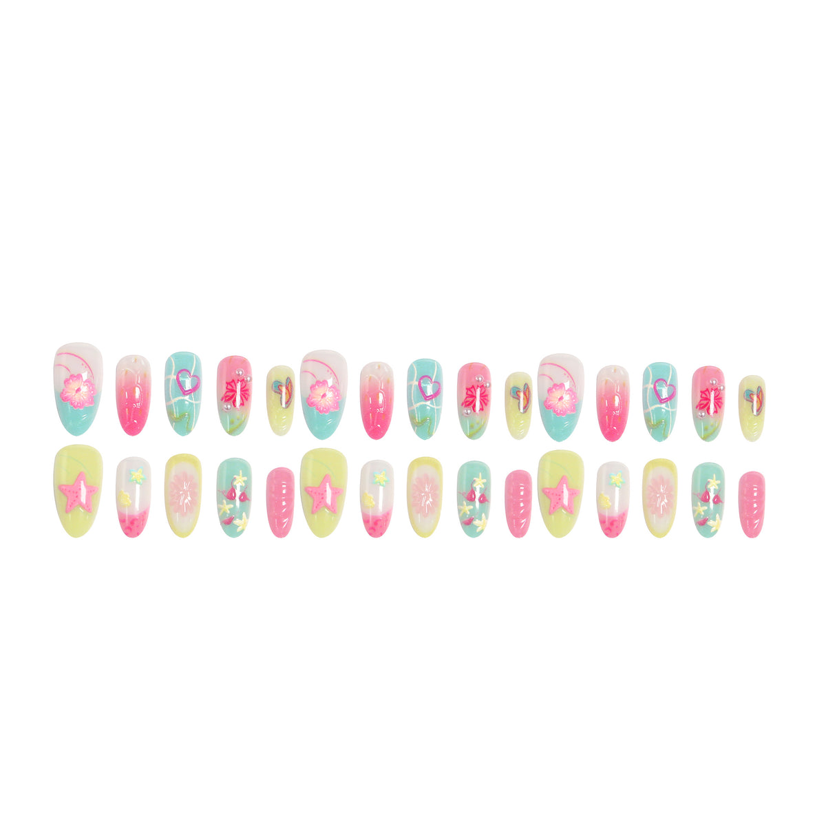 Acrylic Nail Set with Colorful Flower and Beach Design Acalora