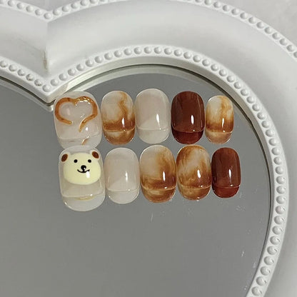 Artificial nails with cute bear design and elegant color gradients Acalora
