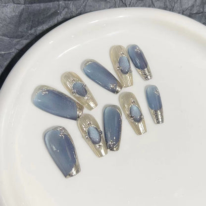 Elegant Press-On Nail Set with Artistic Metallic Design Acalora