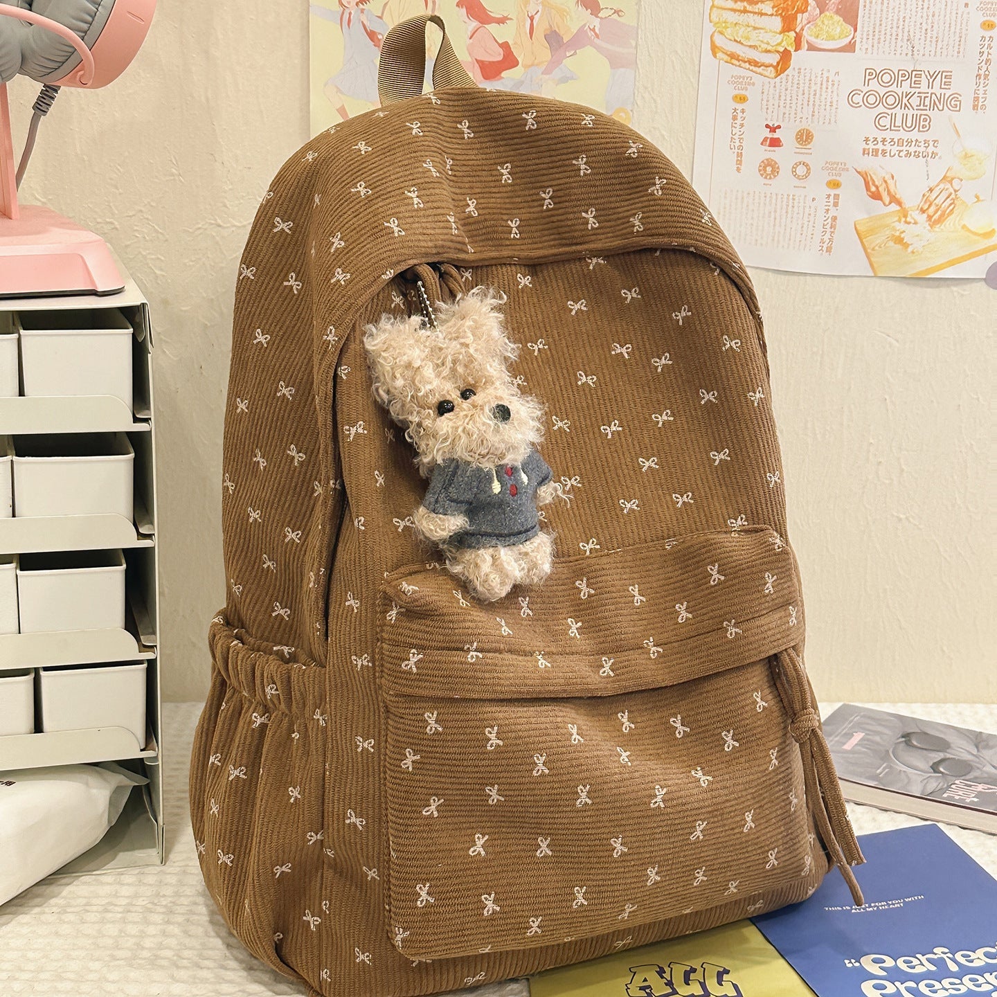 Cute Bow-Embellished Corduroy Backpack Bowlift