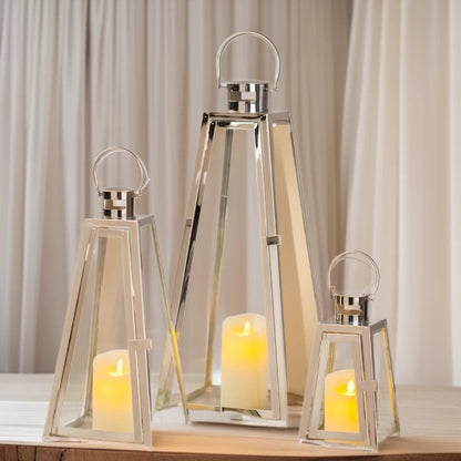 Modern Triangular Glass Candle Lantern Set with Gold Metal Frame Acalora