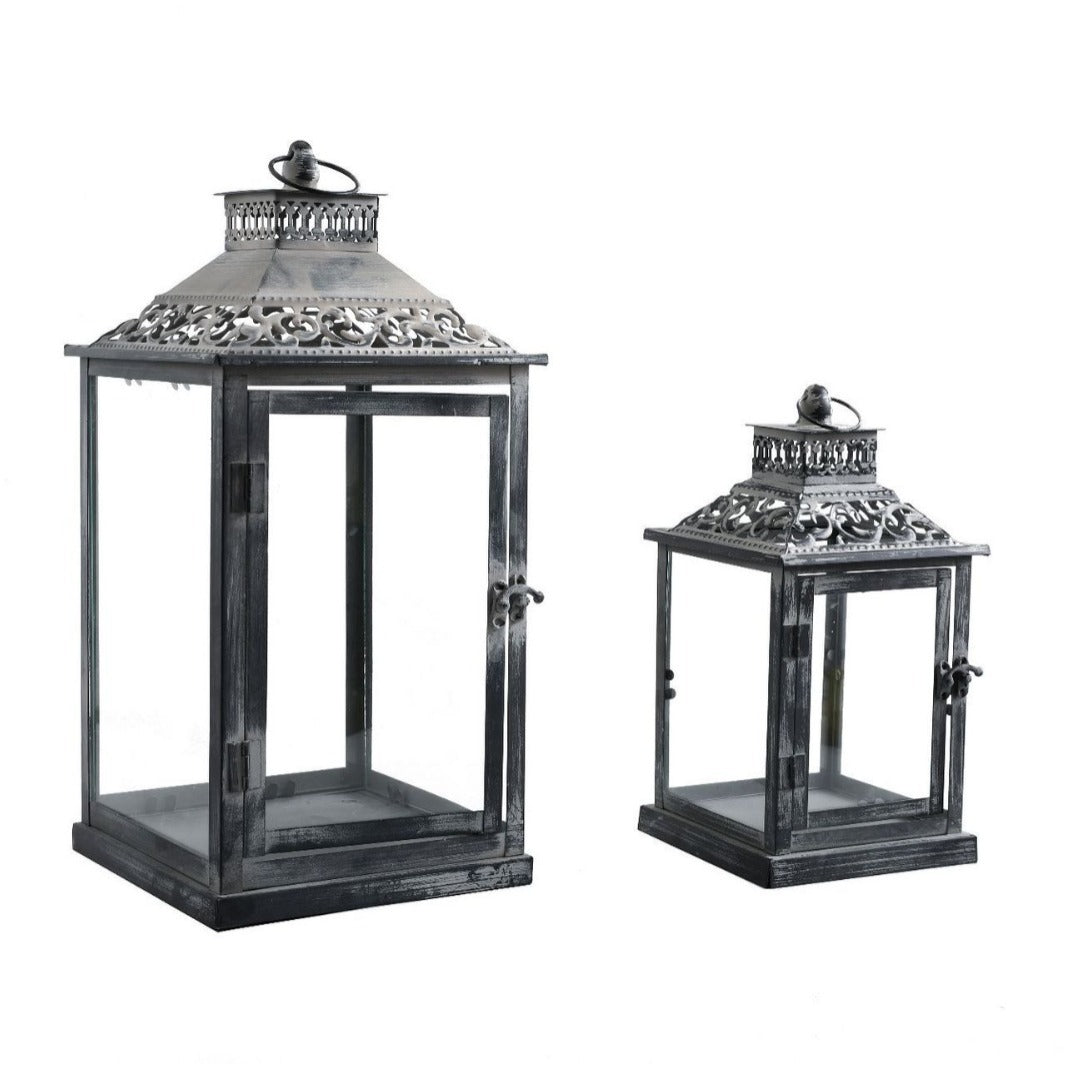 Ornate Distressed Wooden and Metal Glass-Paneled Decorative Lantern Acalora