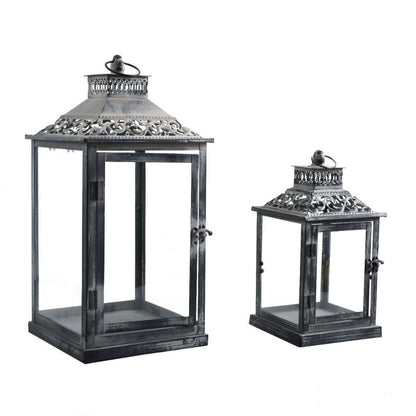 Ornate Distressed Wooden and Metal Glass-Paneled Decorative Lantern Acalora