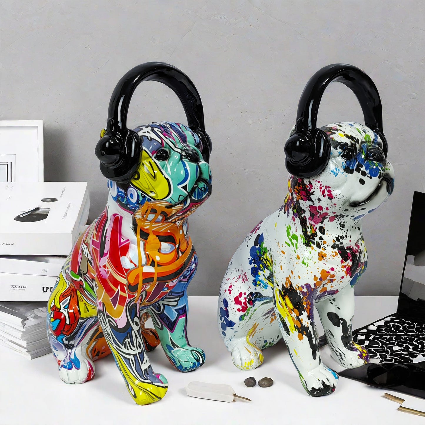 Creative Bulldog Sculpture with Headphones Acalora