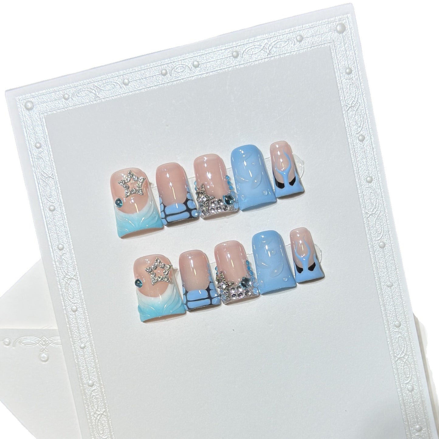 Decorative Press-On Nail Art Set with Ocean-Inspired Design Acalora