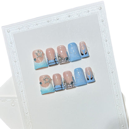 Decorative Press-On Nail Art Set with Ocean-Inspired Design Acalora