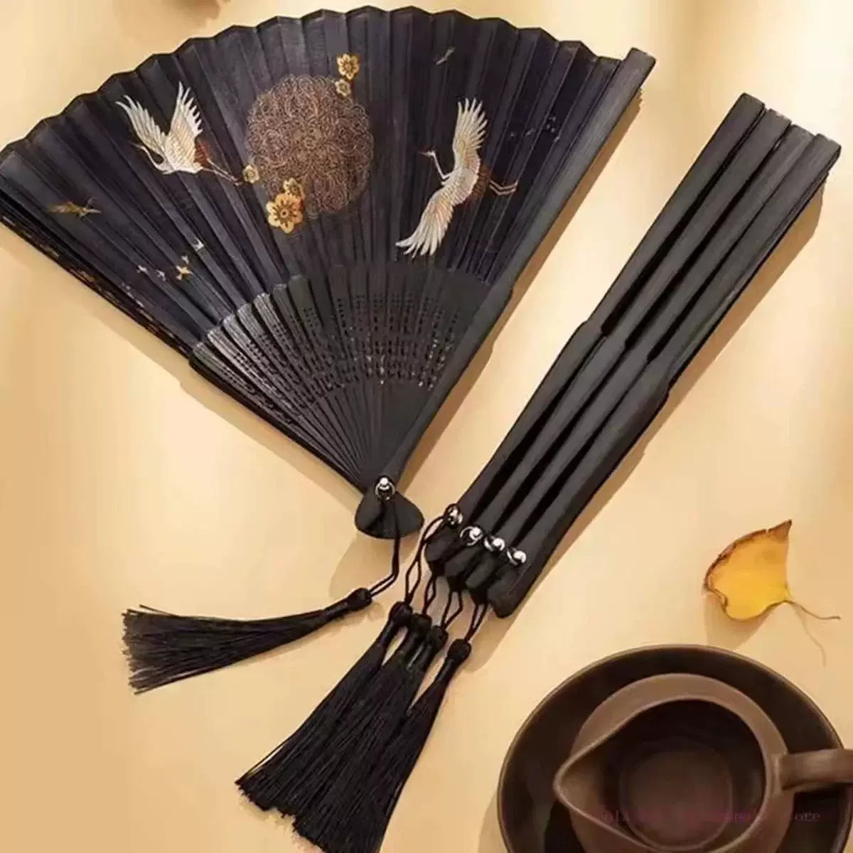 Ladies' one size hand-painted crane and plum blossom fan with carved wooden ribs and silk tassel Brehn