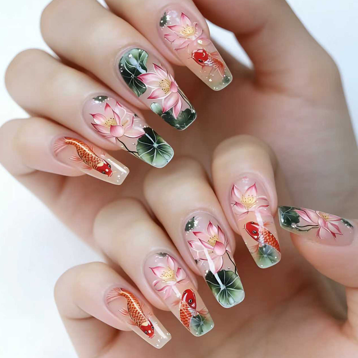 Artistic Water Lily and Koi Fish Nail Art Acalora