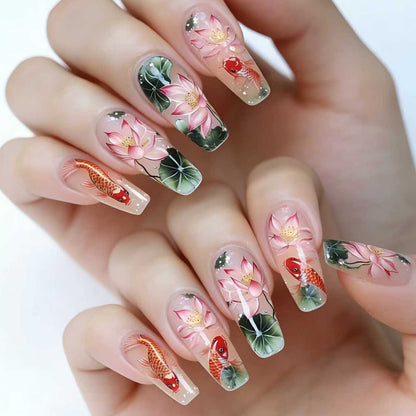 Artistic Water Lily and Koi Fish Nail Art Acalora