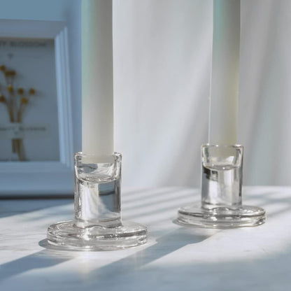 Clear Thick Glass Taper Candle Holders Set Minimalist Cylinder Base Acalora