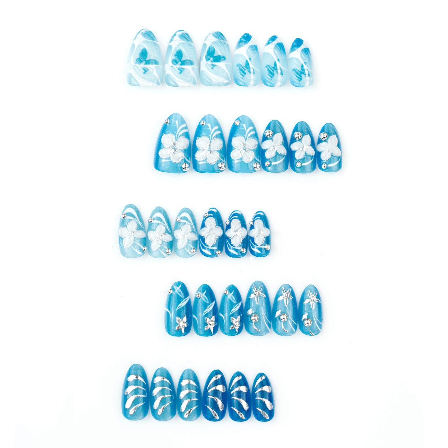Artificial nail set with floral accents and elegant glitter elements Acalora