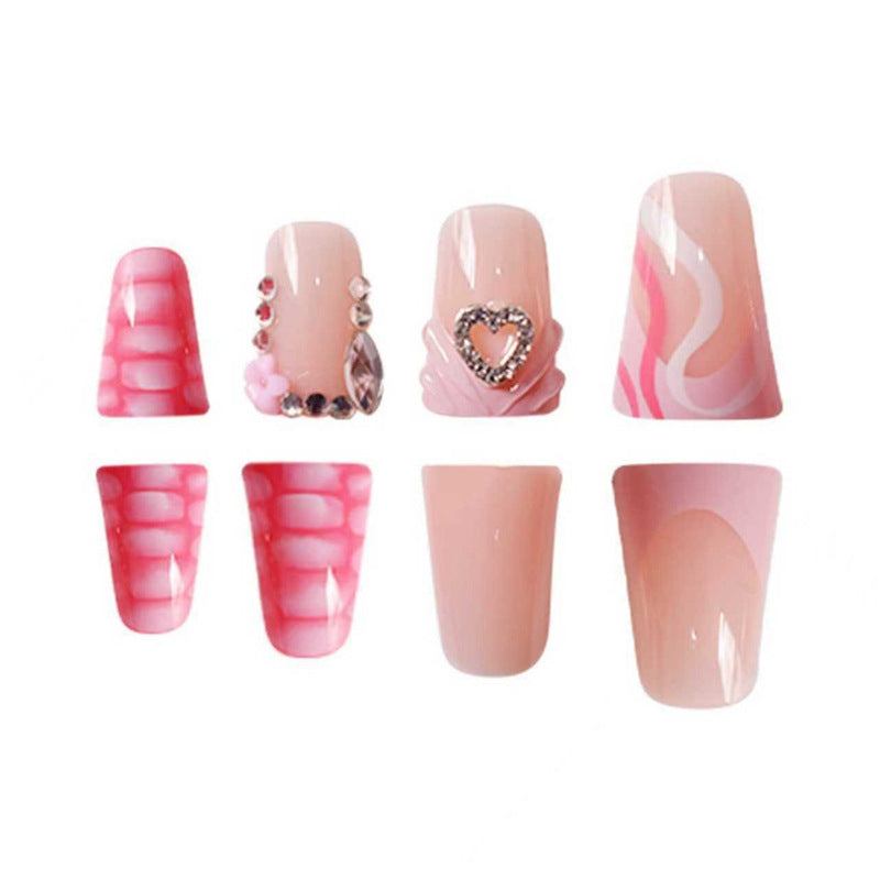 Decorative Press-On Nail Design with Heart and Gem Accents Acalora