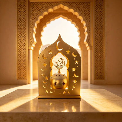 Ornate Metal Crescent-Star Tabletop Lantern with Rotating Incense Burner Acalora
