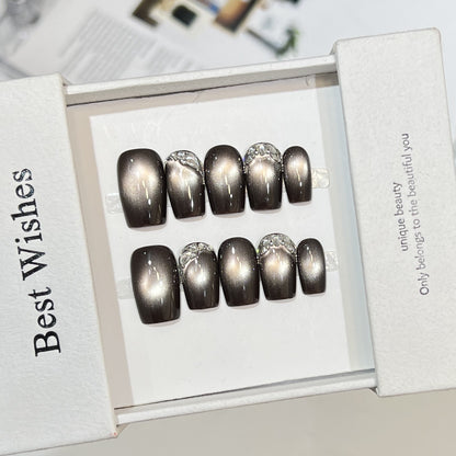 Elegant Press-On Nail Art Set with Rhinestone Accents Acalora