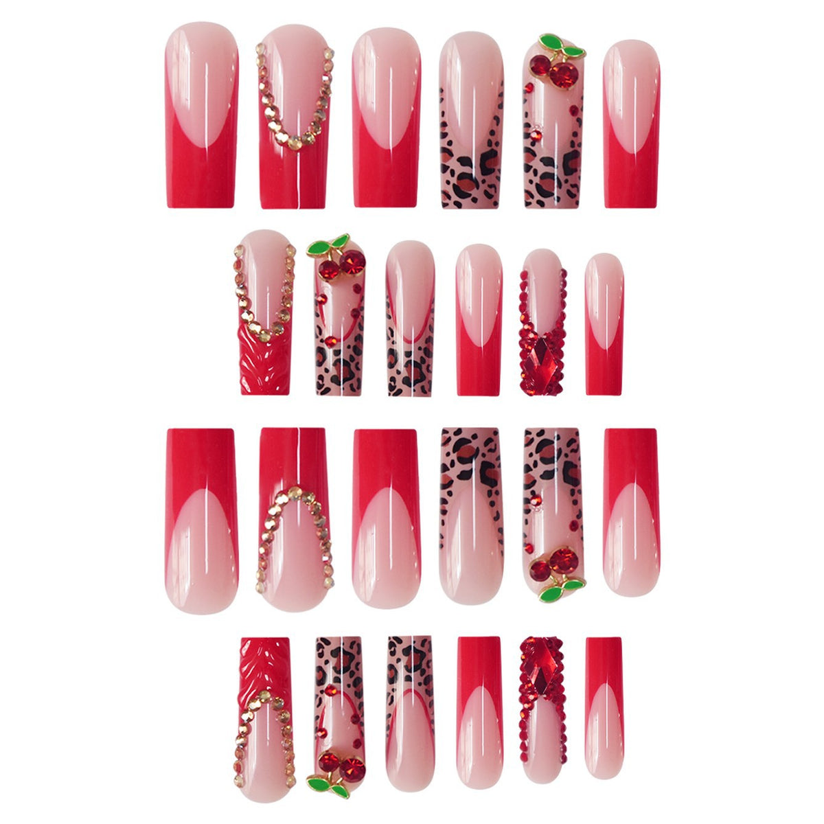 Decorative Long Press-On Nail Set with Gemstone and Floral Accents Acalora