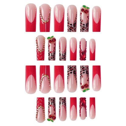 Decorative Long Press-On Nail Set with Gemstone and Floral Accents Acalora