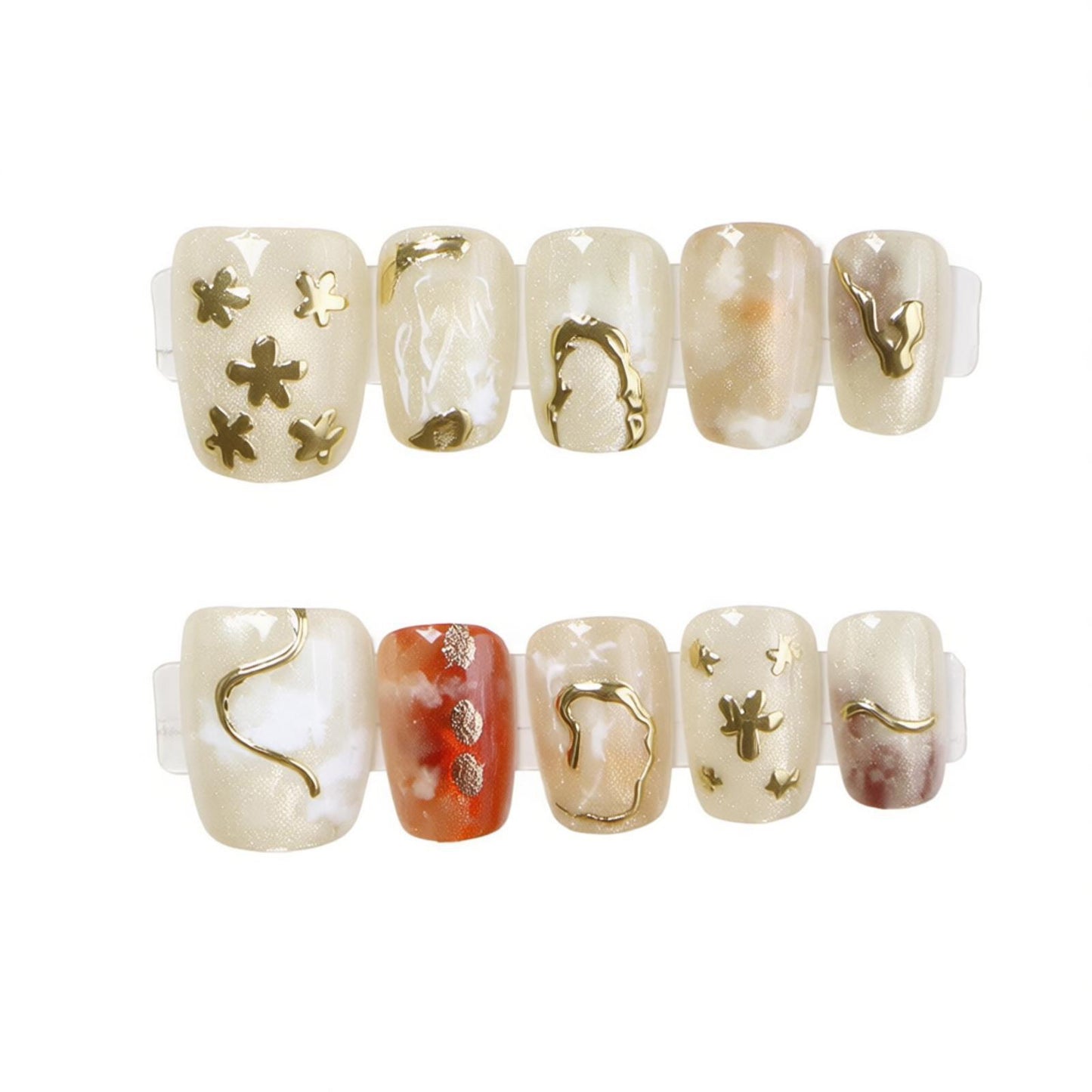 Elegant Press-On Nail Art Set with Unique Metallic Designs Acalora