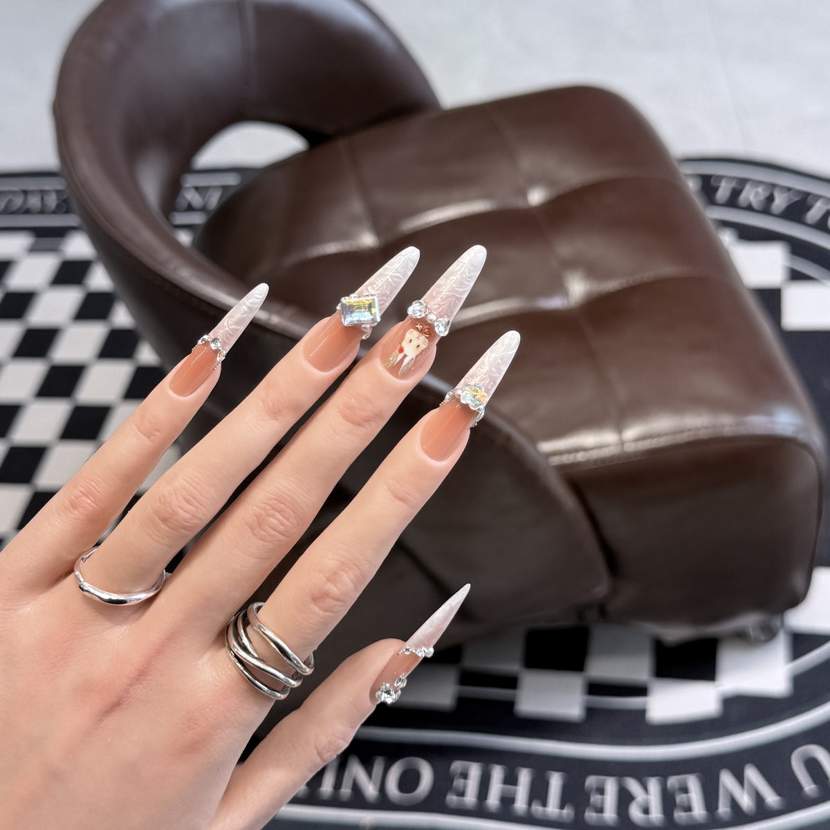 Glamorous Stiletto Press-On Nail Art Set with Elegant Decorative Elements Acalora