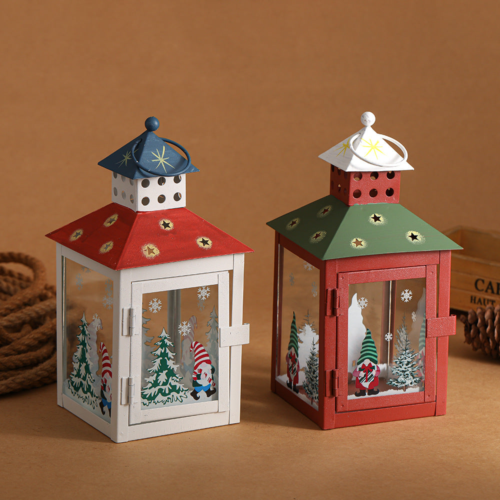 Decorative Holiday Tea Light Lantern with Glass Pane Gnome & Pine Motif Acalora