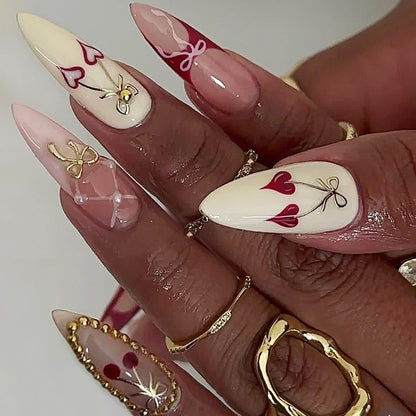 Elegant Decorative Press-On Nail Set with Bow and Heart Designs Acalora