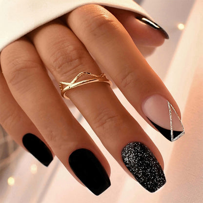 Matte Finish Press-On Nail Set with Glamorous Black and Sparkly Designs Acalora