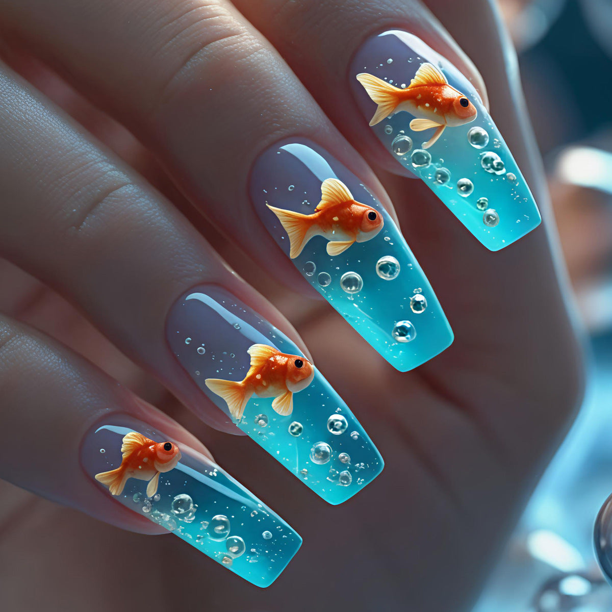 3D Fish and Bubbles Acrylic Nail Art Acalora