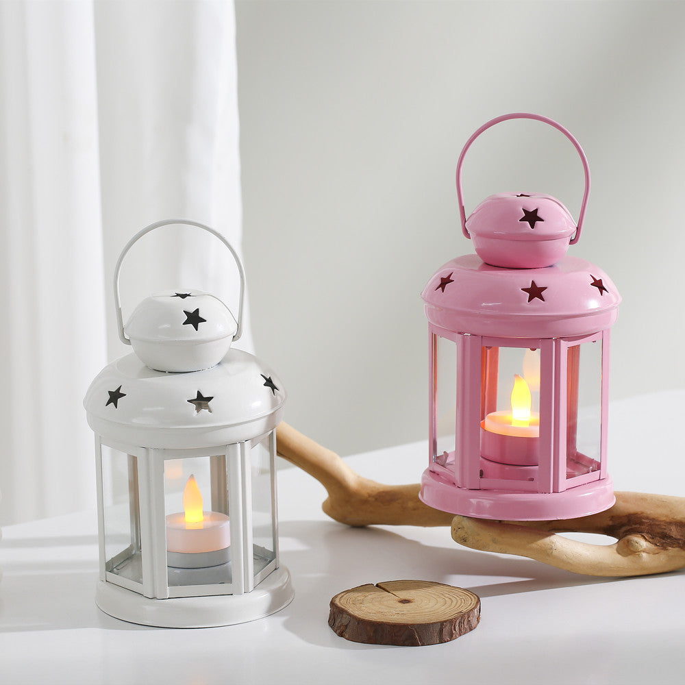 Hexagonal Glass-Paneled Metal Tealight Lantern with Star Vent Cutouts Acalora