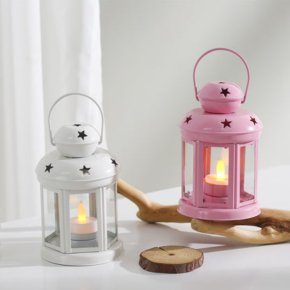 Hexagonal Glass-Paneled Metal Tealight Lantern with Star Vent Cutouts Acalora