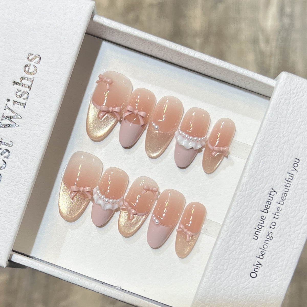Elegant Press-On Nail Art Set with Pearl and Bow Accents Acalora