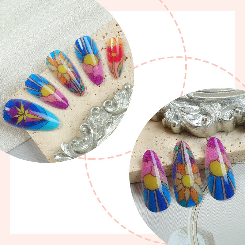Artistic Press-On Nail Art Set with Floral and Geometric Patterns Acalora
