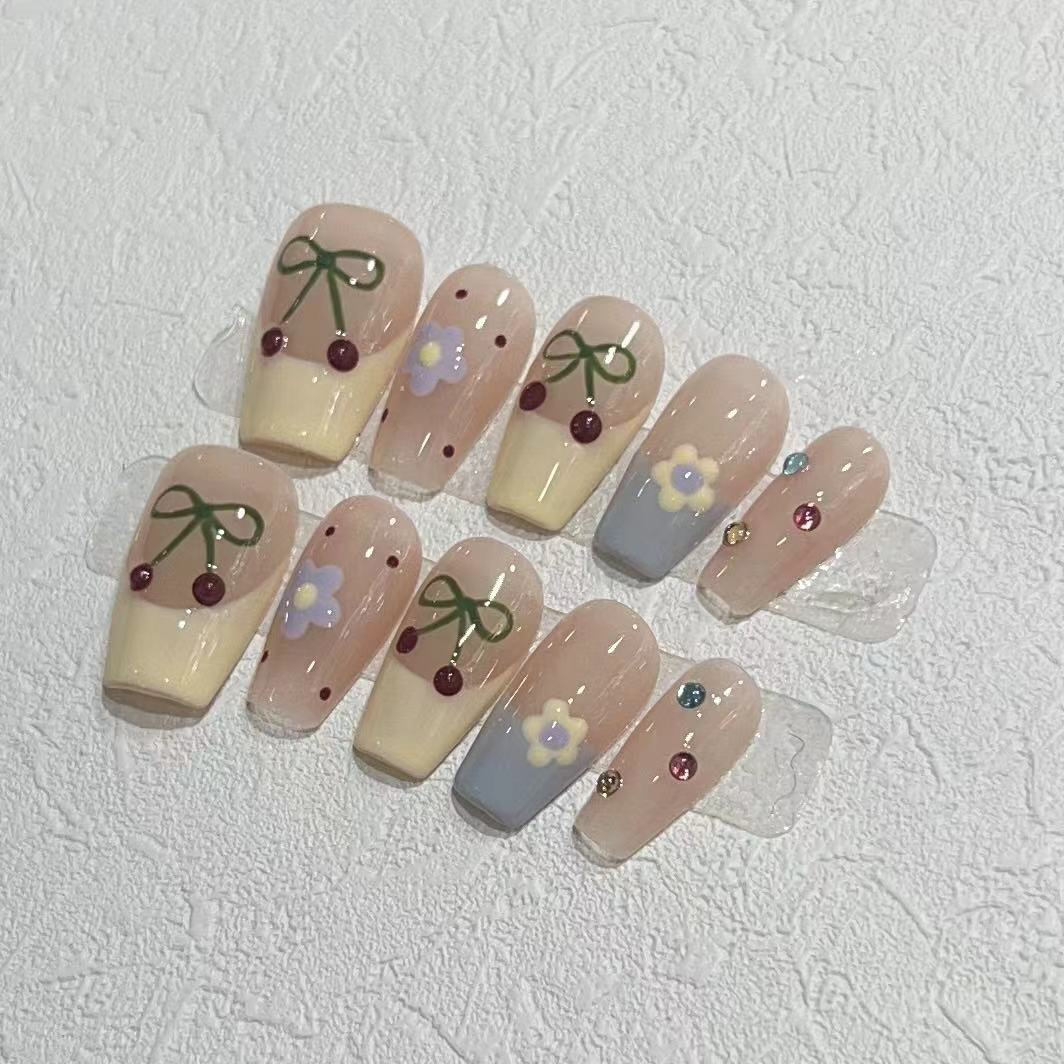 Charming Decorative Press-On Nail Set with Cherry and Floral Designs Acalora