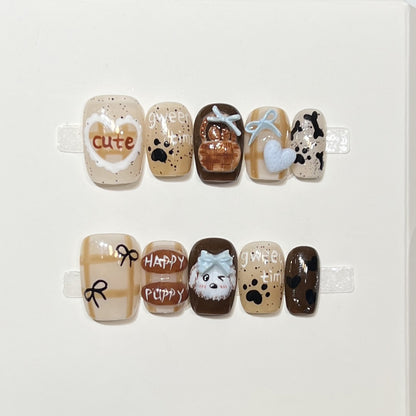 Playful Cartoon Dog-Themed Press-On Nail Art Set Acalora