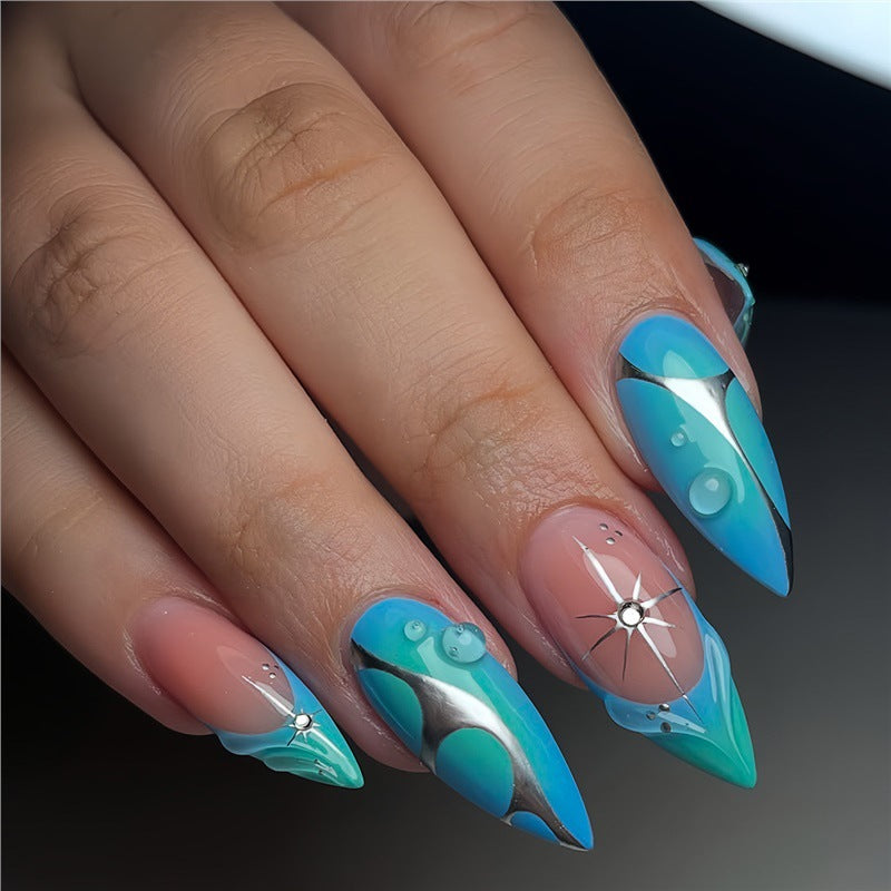 Artistic Stiletto Press-On Nails with Metallic Accents Acalora