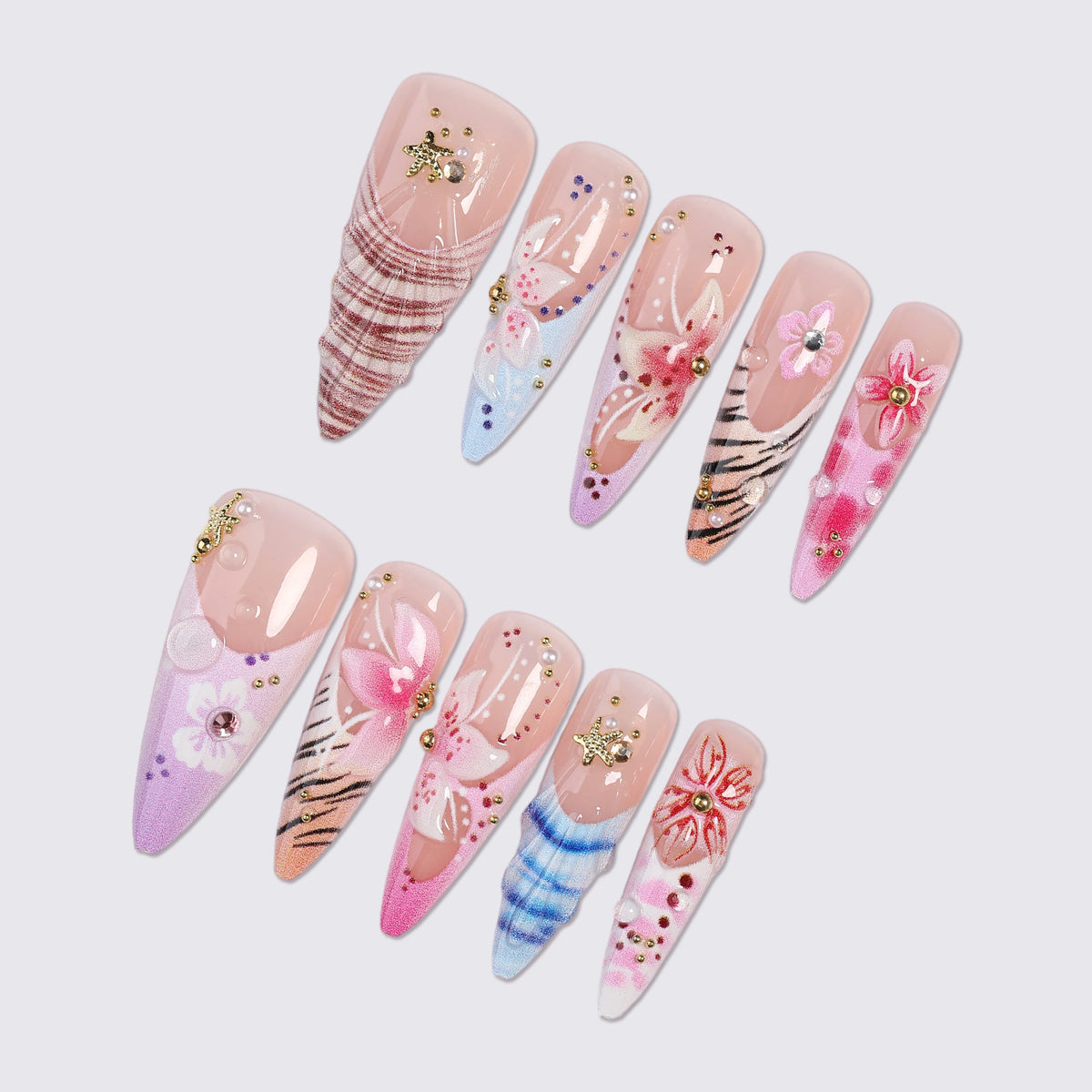 Artistic Press-On Nail Set with Floral and Gemstone Accents Acalora
